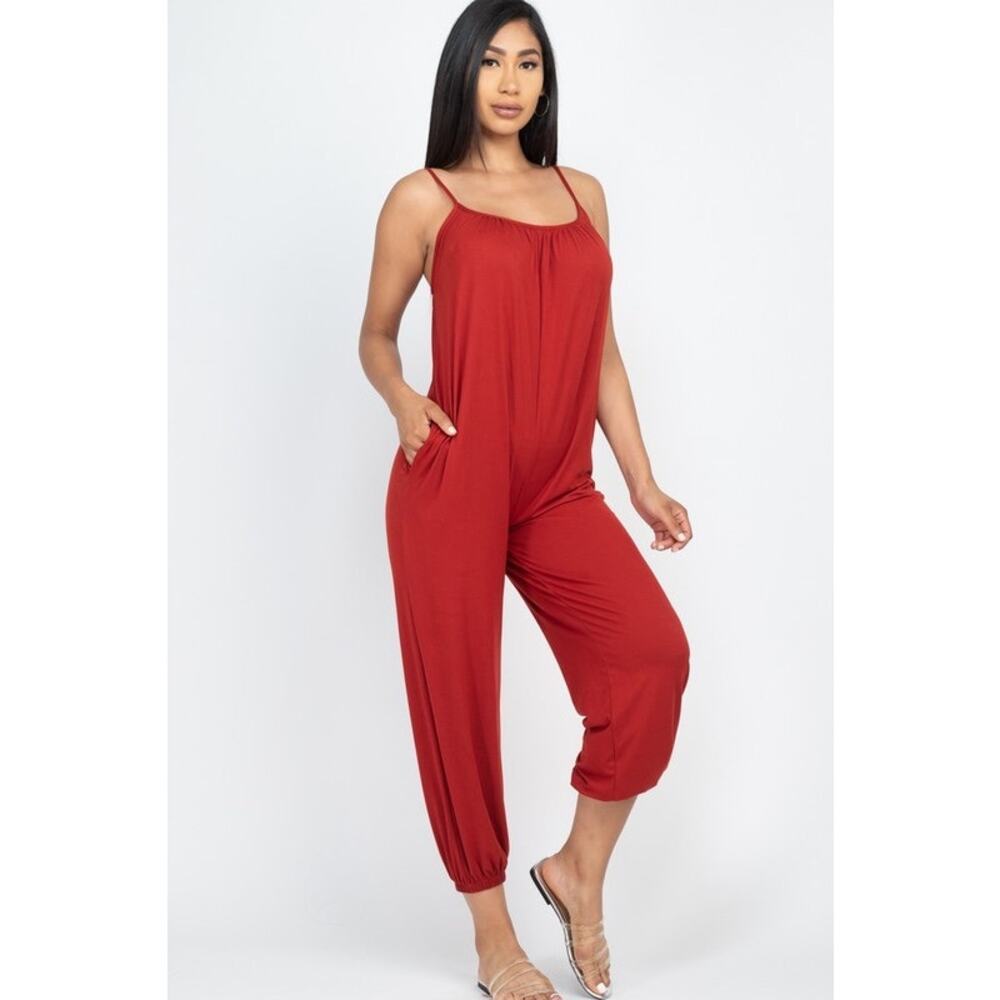 Spaghetti strap solid jumpsuit (Rust)-Small - Picture 1 of 2